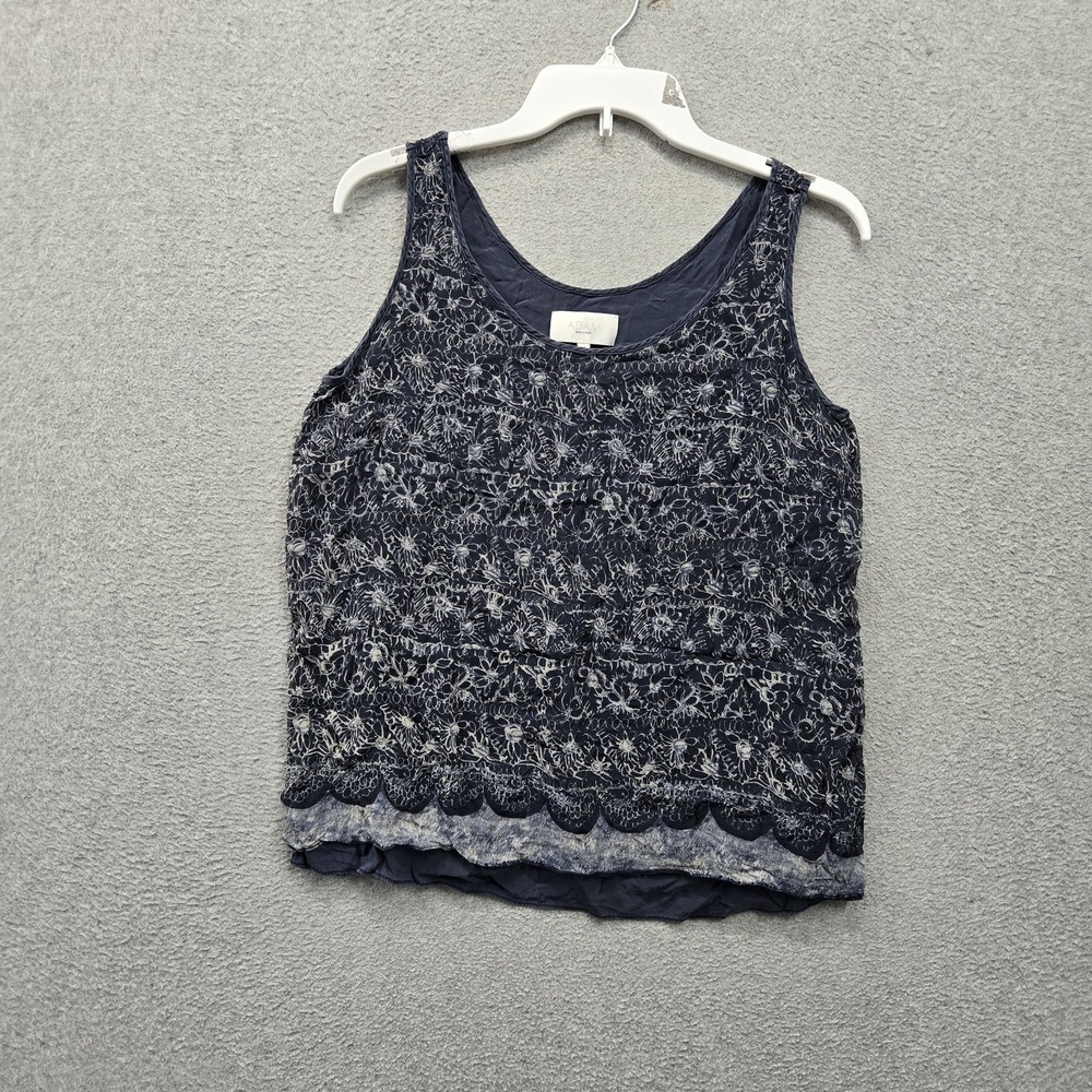 ADAM Lippes Women Tank Top 10 Navy Silk Floral Lace Scoop Neck Pullover Lined